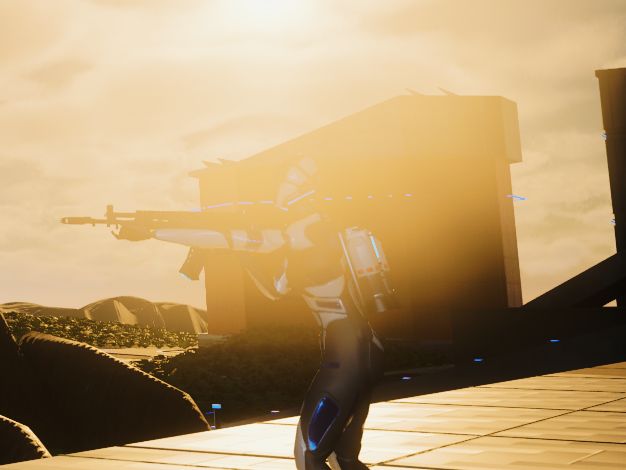 A Kinetic silhouetted against the low sun, aiming a rifle.