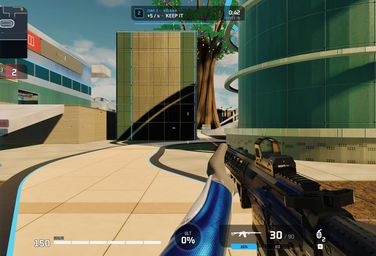First-person view across the campus plaza, rifle raised.