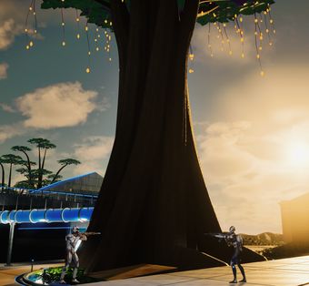 Two Kinetics trade fire beneath the giant tree.